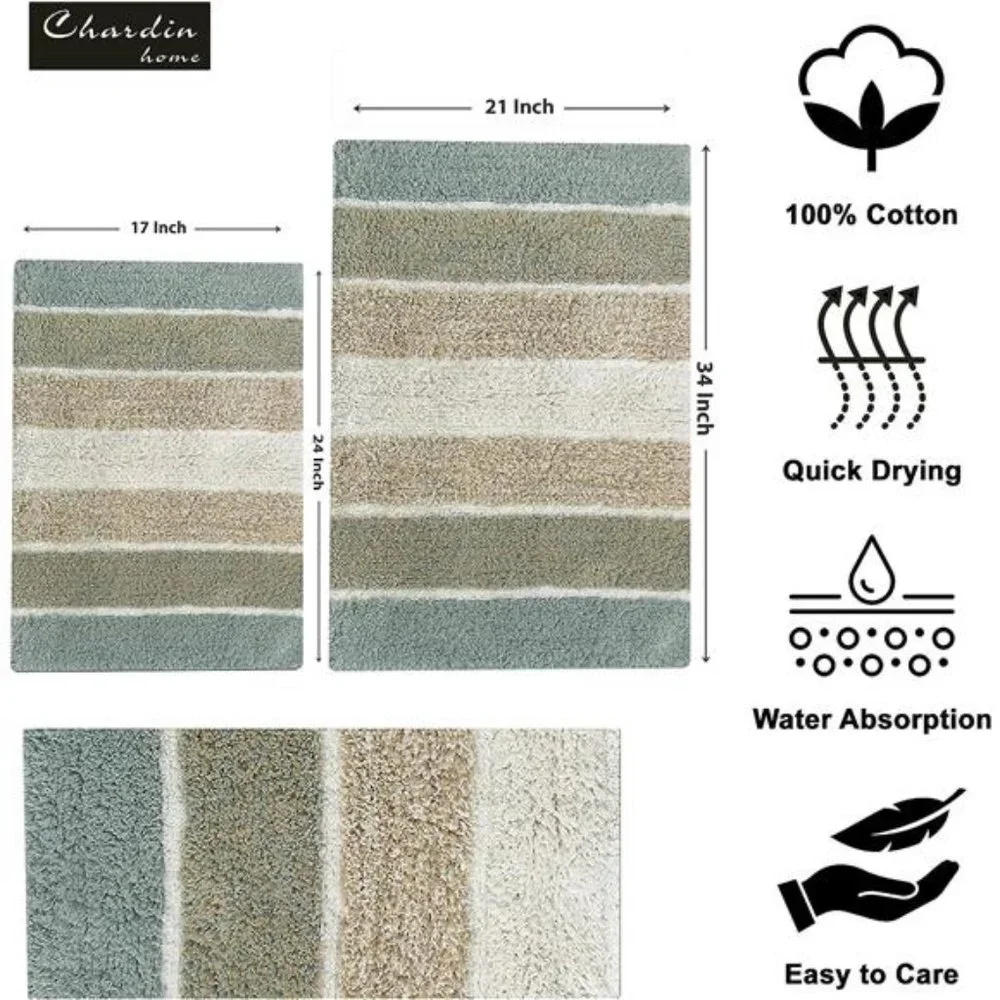 Cordural Stripes Bath Mat, Set of 2 Bath Rugs (17 Inches x24 Inches & 21 Inches)